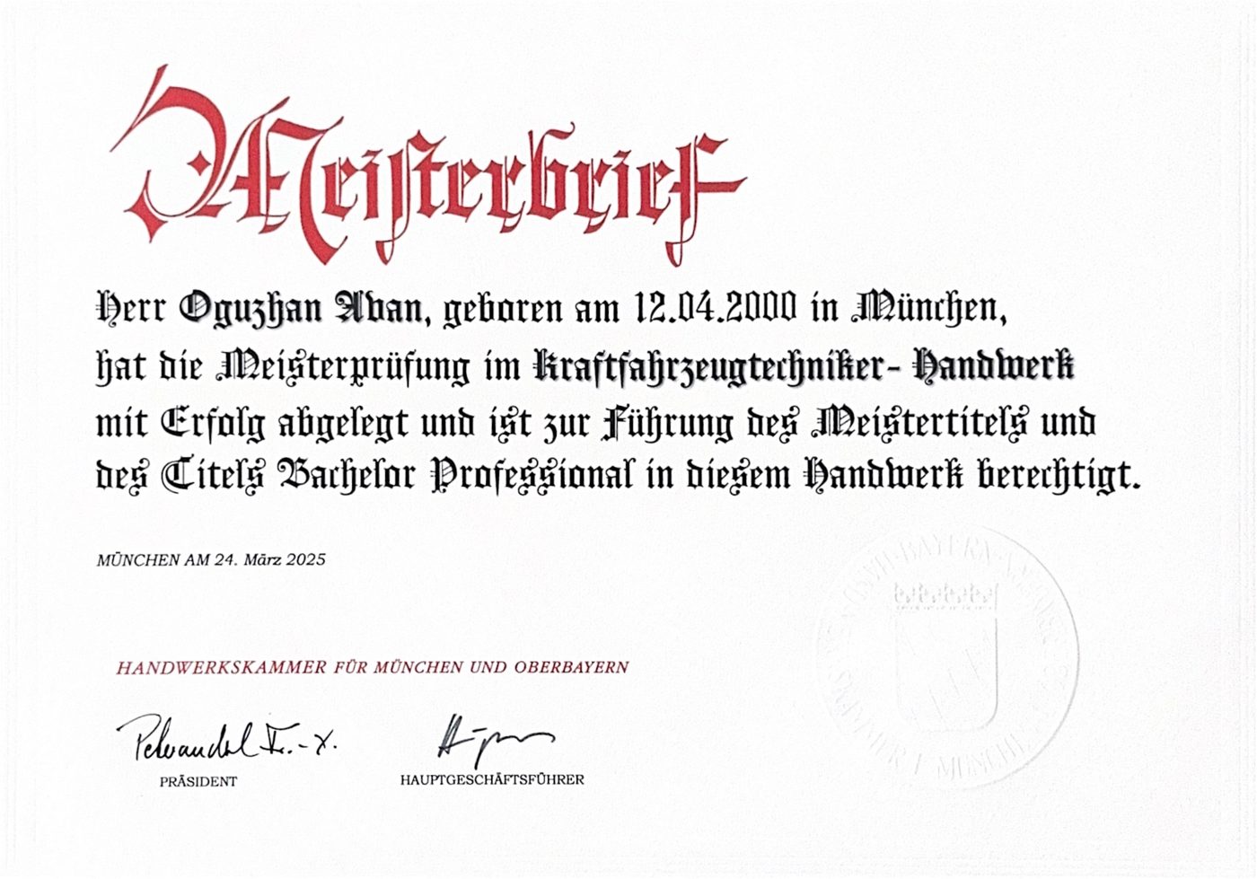 Meisterbrief von Oguzhan Avan, Kraftfahrzeugtechniker Handwerk